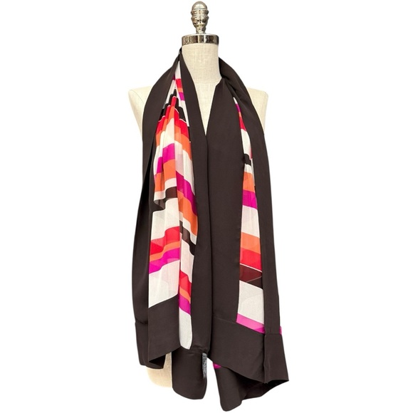 Ellen Tracy 100% Silk Scarf Brown Multicolor Striped Long Rectangle Wrap Shawl - Picture 1 of 9